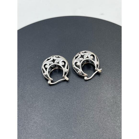 Vintage Sterling Silver Open Cutout Floral Filigree Scrolling Hoop Earrings - Picture 9 of 13
